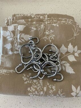House & Home Floral Tan and White Fabric Shower Curtain and Hooks